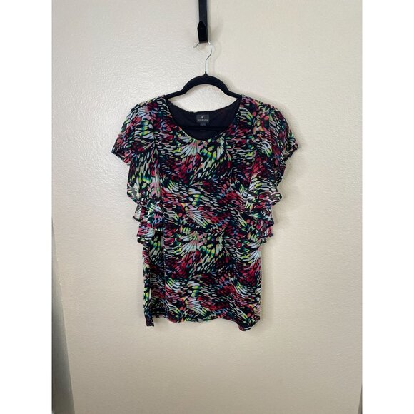 Worthington Womens Multicolored Flutter Sleeve Blouse M Polyester Scoop Neck - Picture 1 of 6